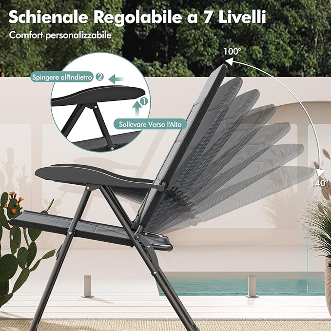 Set di 2 Sedie da Giardino, Poltrona Reclinabile da Giardino con Schienale Regolabili a 7 Posizioni, Sedia Pieghevole Imbottite per Giardino,Spiaggia, Portata 136 kg (Grigio)