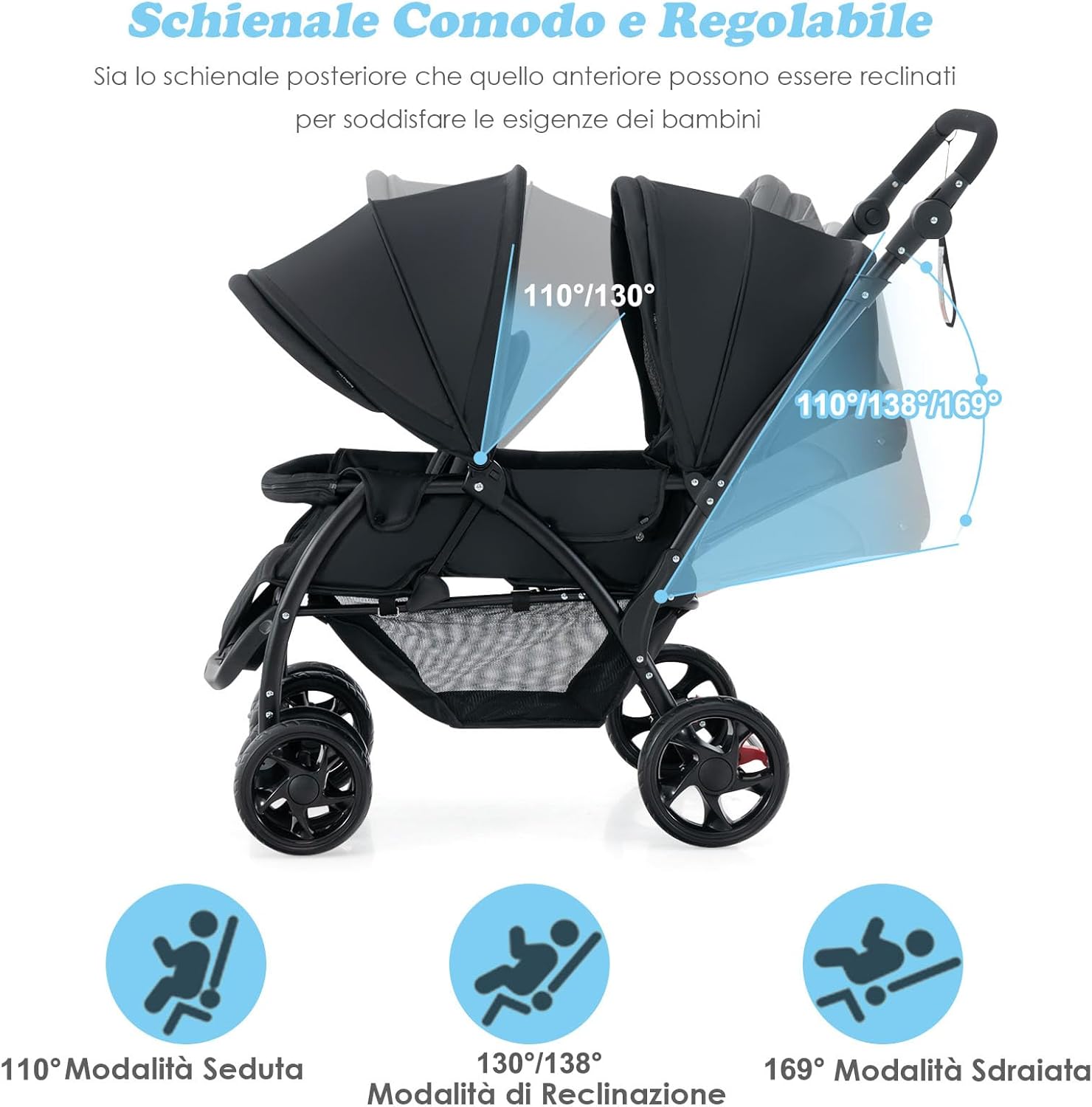 Passeggino Doppio Pieghevole per Bambini, Passeggino Gemellare Pieghevole, con Seduta in Tandem e Tettuccio, Schienale Regolabile, Ruote Bloccabili e Antiurto, Portata Totale 30 kg (Nero)