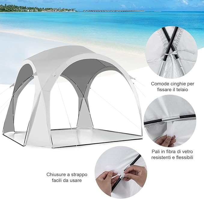 Tenda da Spiaggia per 6-8 Persone 327 x 327 cm, Tenda Parasole Portatile con Borsa, 16 Picchetti e 8 Corde, Tenda a Baldacchino per Campeggio, Cortile e Picnic