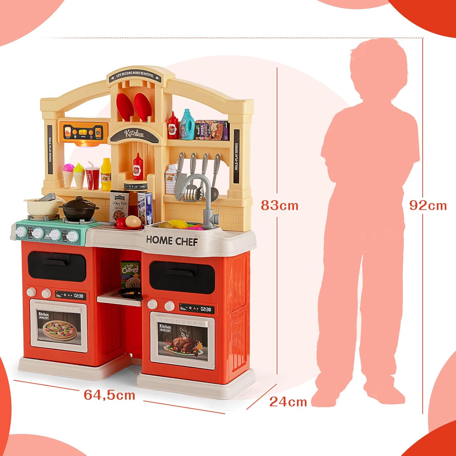 Cucina Giocattolo per Bambini 69 Pezzi, Cucinetta per Bambini 3 Anni+ con Luci Suoni Vapore e Acqua in Ebollizione, 3 Anni+, 64,5 x 24 x 83 cm (Arancio)