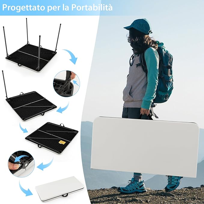 Tavolo da Campeggio Pieghevole, Tavolo da Picnic Portatile con Maniglia, Tavolino da Pranzo Leggero per Esterni con Piano in HDPE, Portata 100 kg (Bianco)