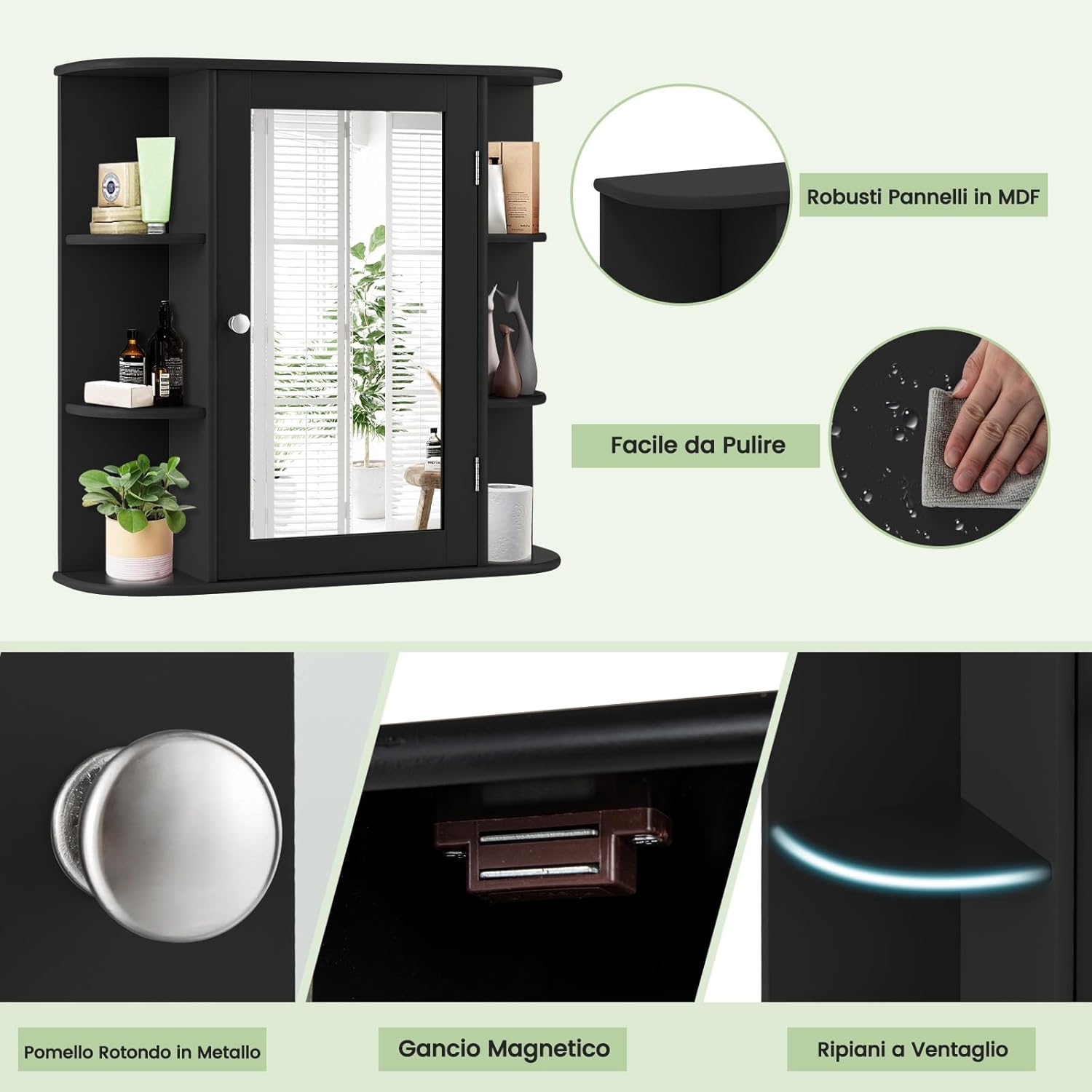 Mobile da Bagno con Specchio 66 x 17 x 63cm, Mobiletto in Legno Appeso con Mensole Regolabili, Armadietto dei Medicinali Multiuso per Bagno Salone Cucina (Nero)