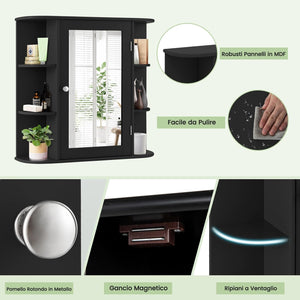 Mobile da Bagno con Specchio 66 x 17 x 63cm, Mobiletto in Legno Appeso con Mensole Regolabili, Armadietto dei Medicinali Multiuso per Bagno Salone Cucina (Nero)