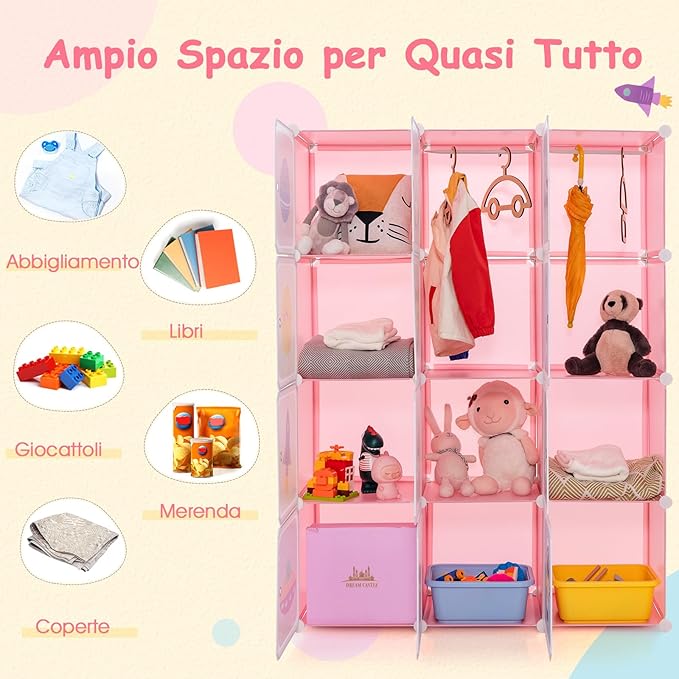 Portatile Guardaroba per Bambini, Armadio Guardaroba Modulare per Bambini con 2 Barre Appendiabiti, per Cameretta Camera da Letto, 107 x 36 x 142 cm (Rosa)