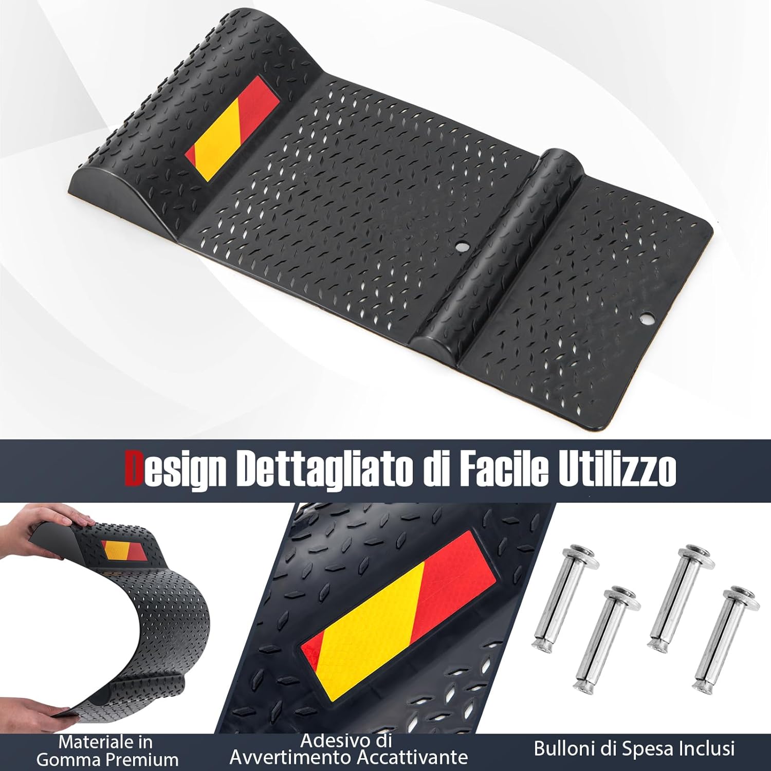 2 Pezzi Tappeto Ferma Ruote, Set di Fermaruote per Parcheggio con Striscia di Avvertimento, Superficie Antiscivolo, 53 x 25,5 x 5 cm
