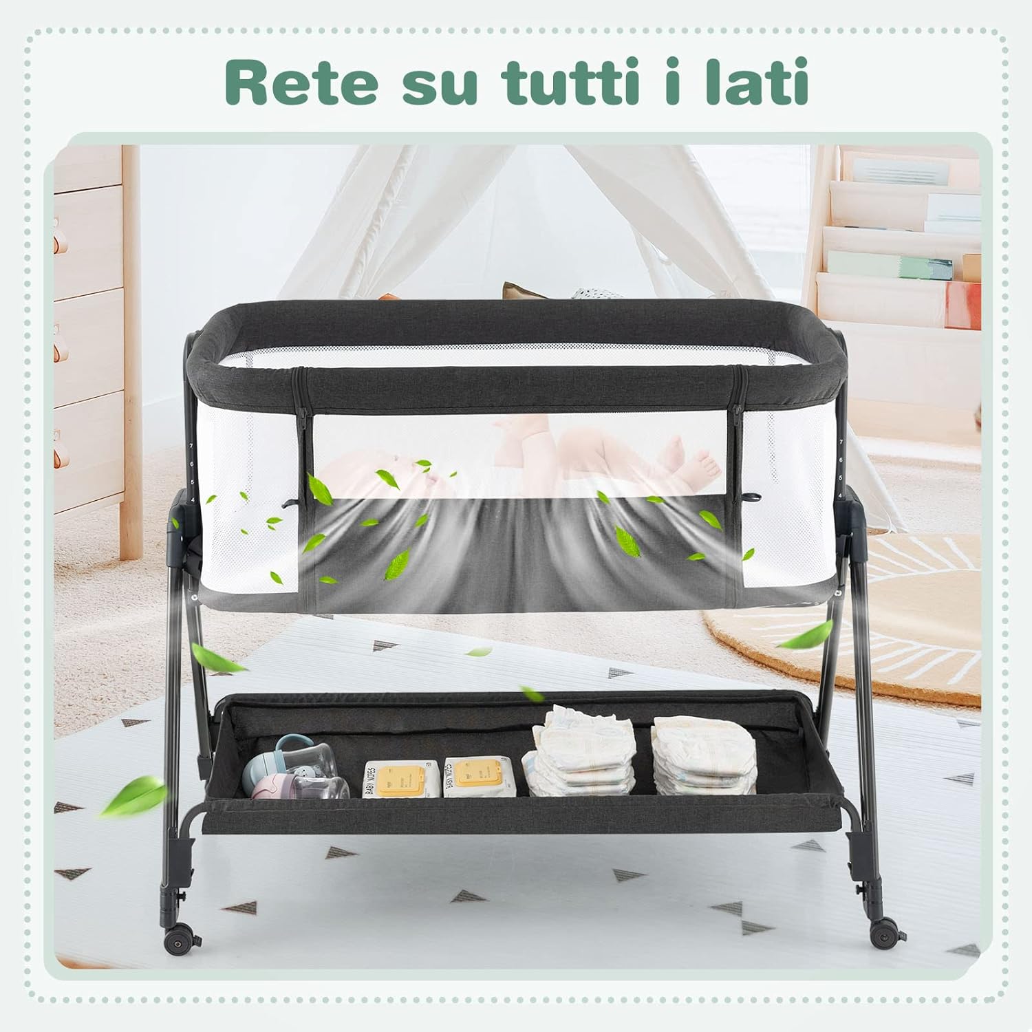 Lettino per Neonati, Culla Portatile Pieghevole con Ripiano Portaoggetti, 7 Altezze Regolabili, Materasso e Borsa per Trasporto (Grigio Scuro)