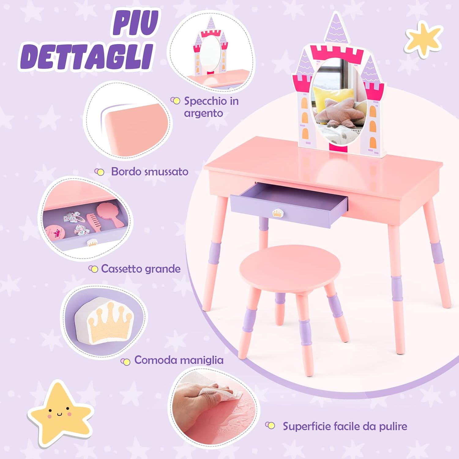 2 in 1 Set Toletta per Bambini con Sgabello e Specchio Rimovibile, Tavolo da Trucco con Molti Accessori e Cassetto, Specchiera Bambina a Tema Fiabesco, 74 x 39 x 101 cm (Rosa)
