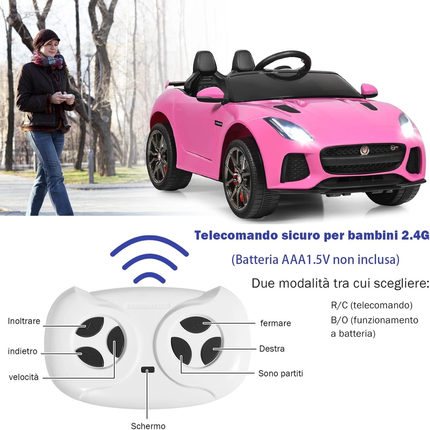Jaguar Auto Elettrico 12 V per Bambini, Macchina Elettrica con Telecomando, con Luci Musica Storia, Avvio Lento, Velocit¨¤ 3-5 km/h (Rosa)
