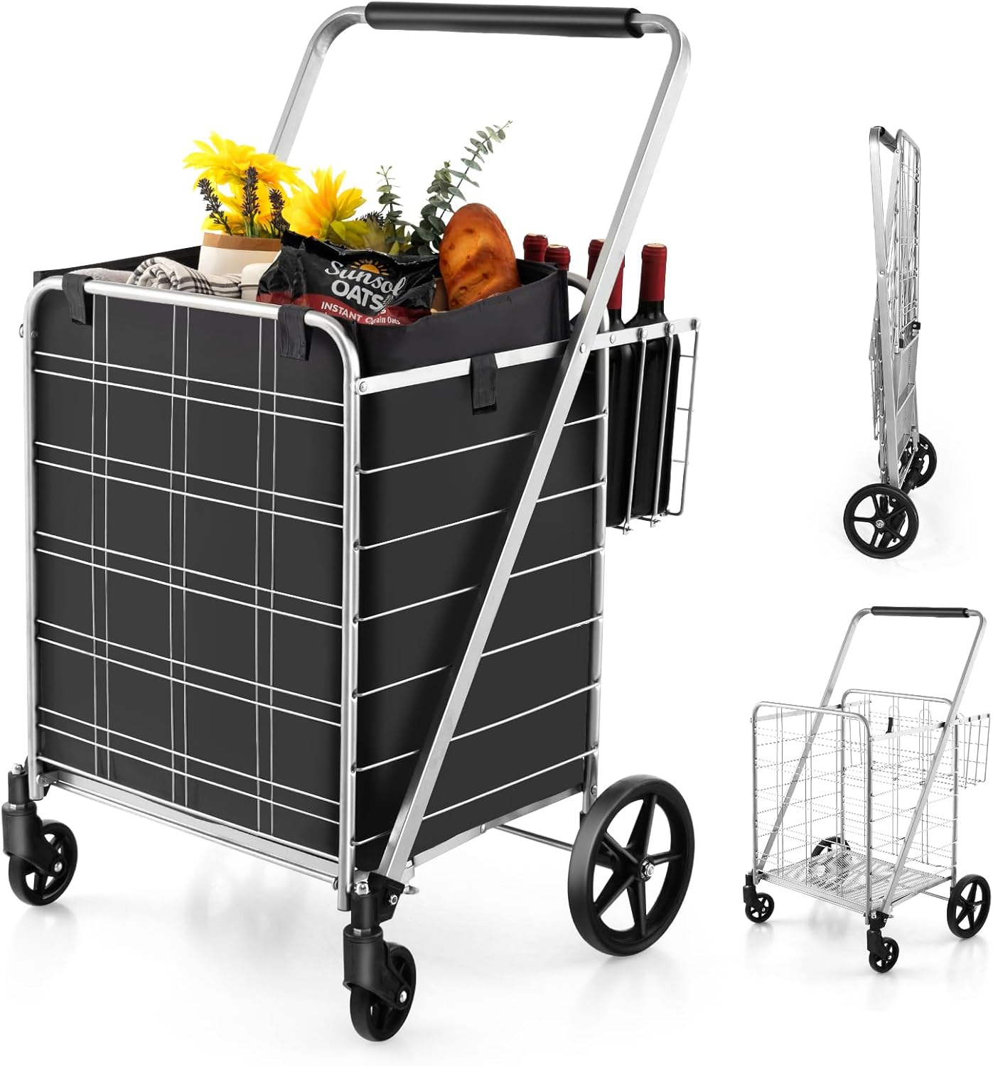 Carrello della Spesa Pieghevole con Sacca, Carrello Portaspesa con Ruote Girevoli a 360°, 2 Cesti, Capacità di Carico: 150 kg, 126 L, 66 x 64 x 103 cm