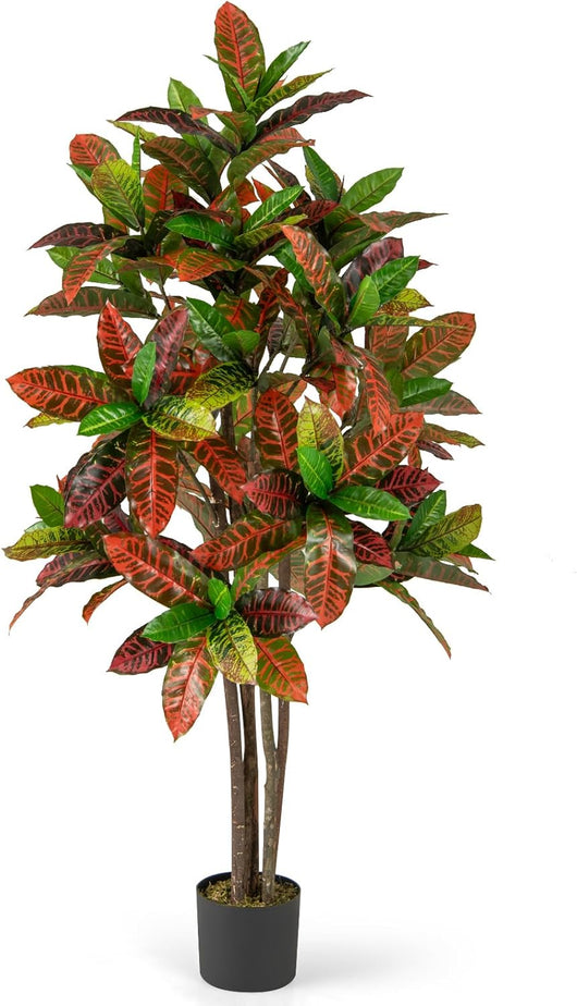 Pianta Finta di Croton 150 cm, Albero Artificiale da Interno ed Esterno, Pianta Tropicale in Vaso con Foglie Sfumate Finte, Ideale per Casa e Ufficio