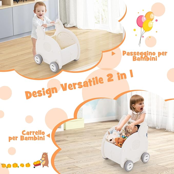 Girello per Bambini, Carrello a Spinta con Contenitore, Primi Passi con 4 Ruote, Maniglia e Spazio di Stoccaggio, per Bambini 3+Anni