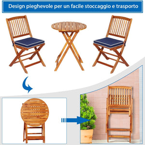 Set Tavolo e Sedie da Giardino, Set Mobili da Giardino Pieghevoli 3 Pezzi in Legno di Acacia, con Cuscini, Arredo Giardino per Giardino Terrazzo Balcone (Cuscini Blu)