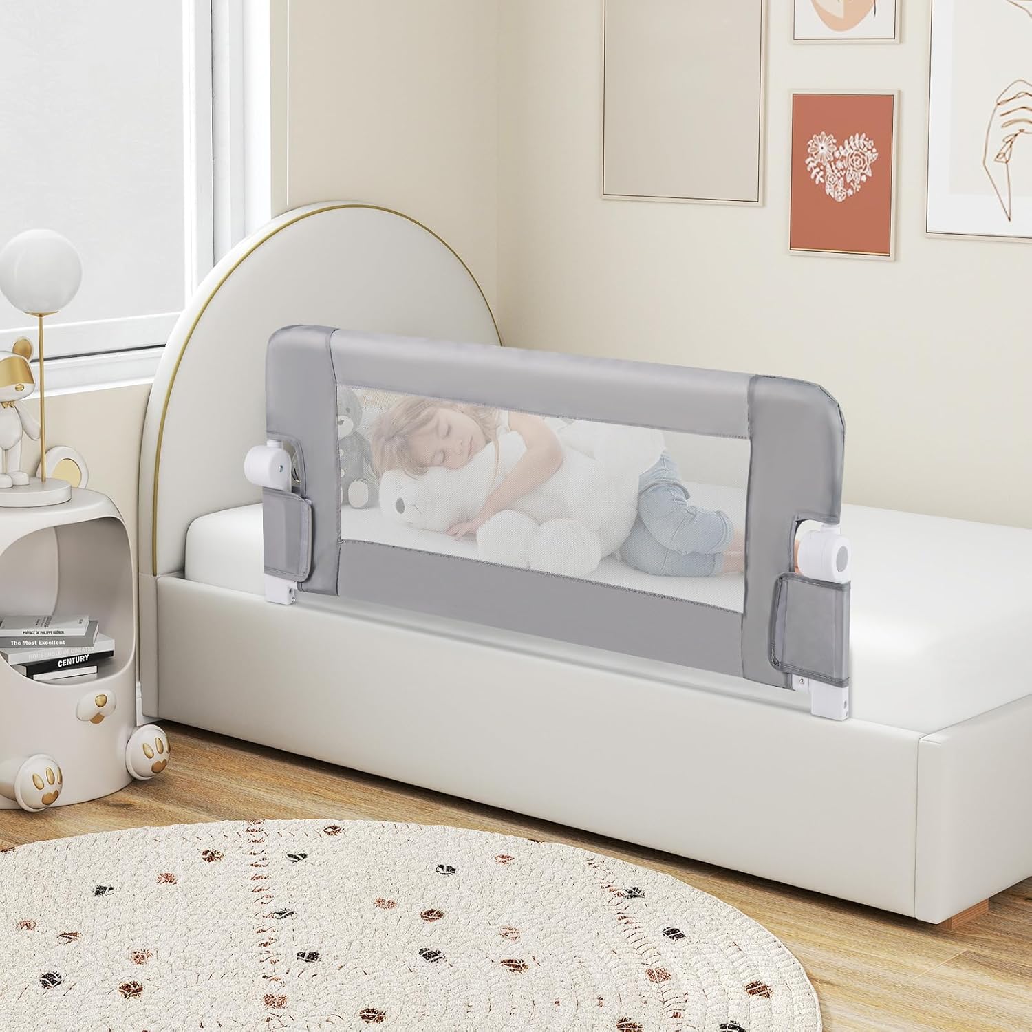 Sponda Letto per Bambini 105/120/150 cm, Barriera di Sicurezza per Neonati, Barriera Letto Pieghevole e Portatile, con Cinghia di Sicurezza (Grigio, 105 x 38 x 43 cm)
