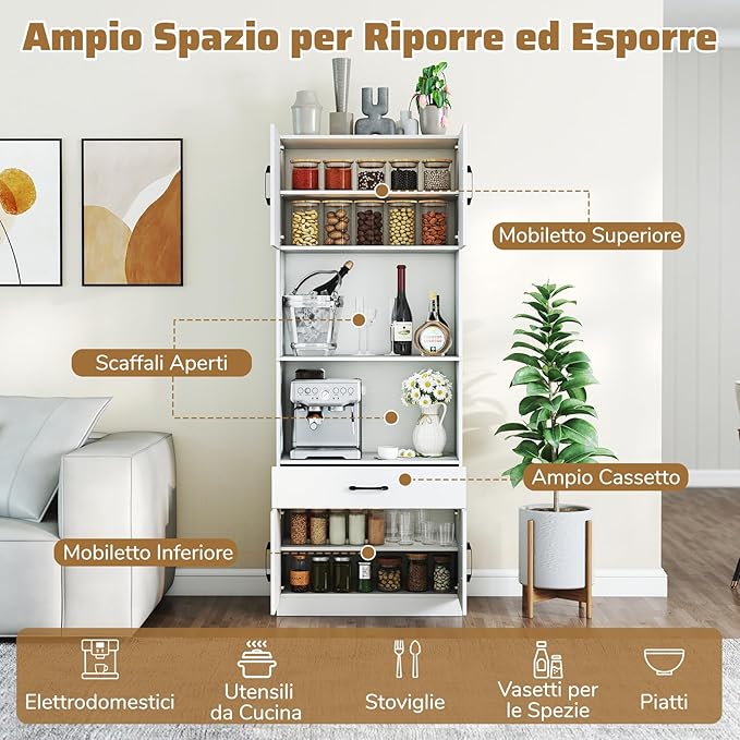 Credenza da Cucina Salvaspazio, Mobile Dispensa con Stazione di Ricarica, 4 Ante, 2 Ripiani Regolabili e 1 Cassetto, Armadio Alto per Soggiorno e Sala da Pranzo, 65 x 38 x 168 cm
