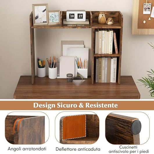 Scaffale da Scrivania in Legno, Libreria da Tavolo Salvaspazio con 4 Ripiani e Scomparto Aperto, Scaffale Espositivo per Computer, Casa Ufficio, 94x25x74 cm (Marrone)