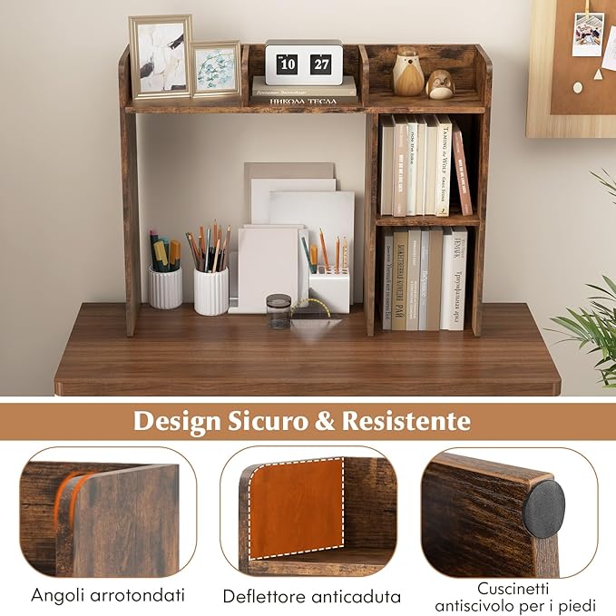 Scaffale da Scrivania in Legno, Libreria da Tavolo Salvaspazio con 4 Ripiani e Scomparto Aperto, Scaffale Espositivo per Computer, Casa Ufficio, 94x25x74 cm (Marrone)