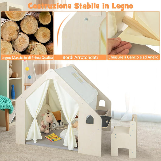 Tenda da Gioco per Bambini in Legno con Tappetino, 6 in 1 Capanna per Bambini Rimovibile per Interni, Casetta Tenda per Bambini, Regalo di Compleanno di Natale (Grigio 98 x 131 x 113 cm)