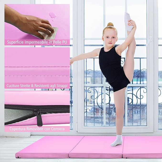 Tappetino da Ginnastica con Maniglia, Gancio, Chiusura a Cerniera e Copertura in Pelle PU Staccabile, Tappetino da Esercizio Pieghevole per Yoga, Stretching e Aerobica(Rosa monocroma)