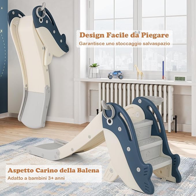 4 in 1 Scivolo per Bambini, Set da Giocattolo Arrampicata con Canestro da Basket Lancio Palla ed Anelli, Scivolo Pieghevole da Interno ed Esterno per Bambini 3 Anni +