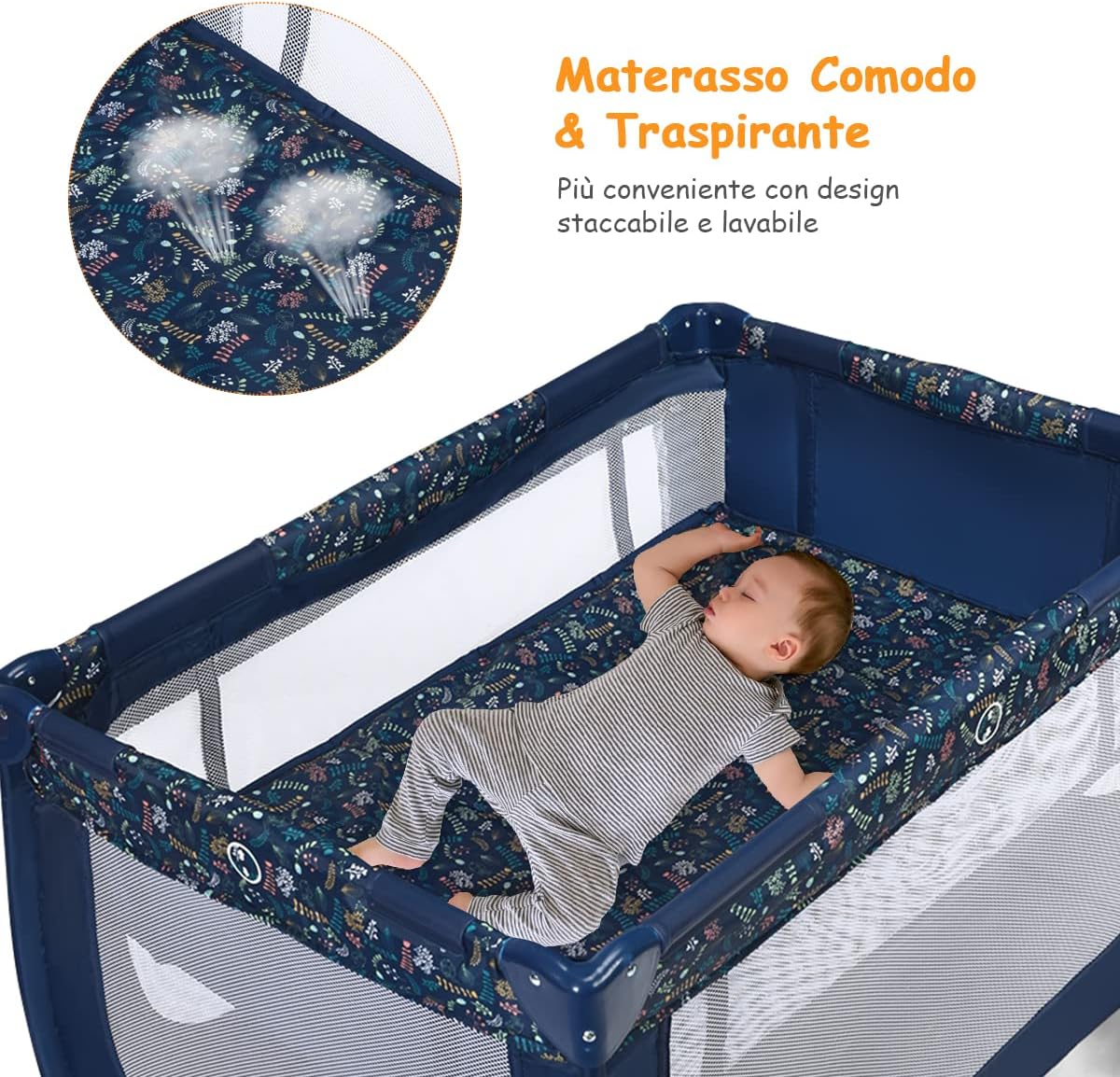 Box Portatile per Bambini, Lettino Multifunzionale con Rete Traspirante e Design Pieghevole, Ideale per Bambini 0-36 Mesi (Carico Massimmo 15 kg), 125 x 65 x 76 cm (Blu)