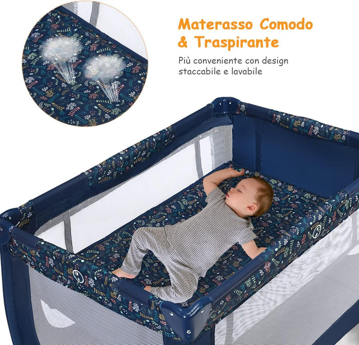 Box Portatile per Bambini, Lettino Multifunzionale con Rete Traspirante e Design Pieghevole, Ideale per Bambini 0-36 Mesi (Carico Massimmo 15 kg), 125 x 65 x 76 cm (Blu)