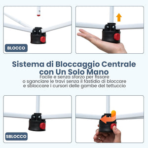 Gazebo Pop-up da 295 x 295 cm, Gazebo da Giardino Impermeabile con Blocco Centrale, Borsa da Trasporto Portatile, Corde Antivento, Picchetti, Tenda Regolabile in Altezza per Feste (Bianco)