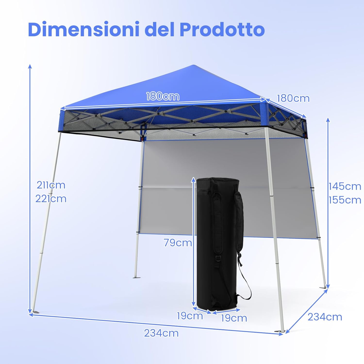 Gazebo Pop-up da Esterno 182 x 182 cm, Gazebo Pieghevole con 1 Parete Laterale, Gambe Inclinabili Regolabili e 4 Picchetti, Tendone Impermeabile per Feste, Campeggio e Picnic (Blu)