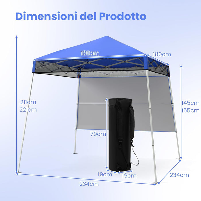 Gazebo Pop-up da Esterno 182 x 182 cm, Gazebo Pieghevole con 1 Parete Laterale, Gambe Inclinabili Regolabili e 4 Picchetti, Tendone Impermeabile per Feste, Campeggio e Picnic (Blu)