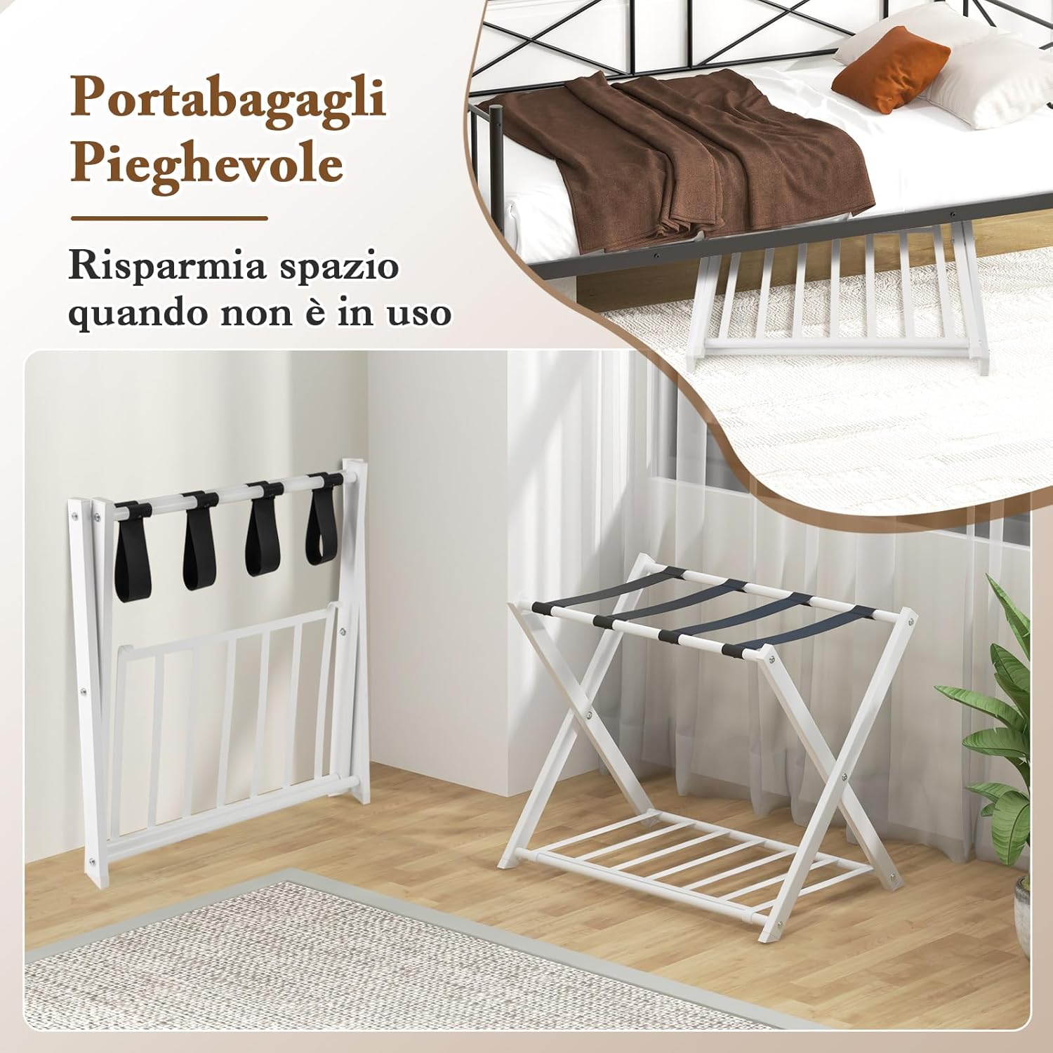 Portavaligie Pieghevole, Porta Valigie Poggia Bagaglio a 2 Ripiani, Cavalletto da Valigie, per Hotel e Viaggio, in Metallo, 68 x 43 x 56 cm (Bianco 2)