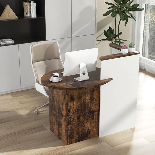 Scrivania ovale e bancone a forma di L, 120 x 70 x 100 cm, per ufficio, atrio, clinica (bianco+marrone)