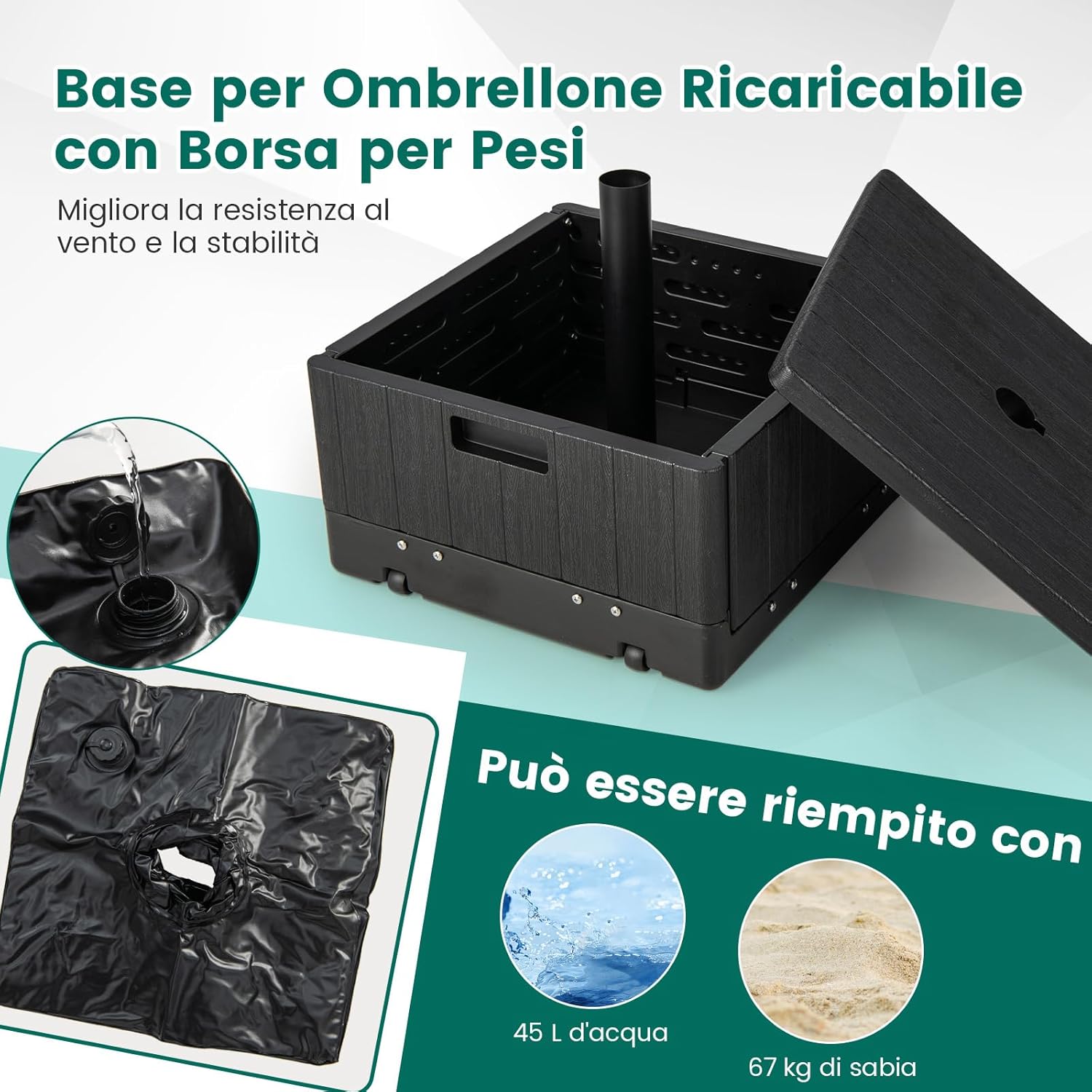 Base per Ombrellone, con Tavolino e Sacca Ponderata, Supporto per Ombrellone 45L di Acqua, 67 kg di Sabbia, Base Ombrellone 3 in 1 con Vassoio, per Ombrellone 38 mm/48 mm