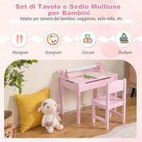 Set Tavolo e Sedia d’Arte per Bambini 3+ Anni, Scrivania in Legno di Pino da Disegno con Portarotolo, Piano Ribaltabile & Vano Portaoggetti, Rotolo di Carta (10m) e 2 Pennarelli (Rosa)