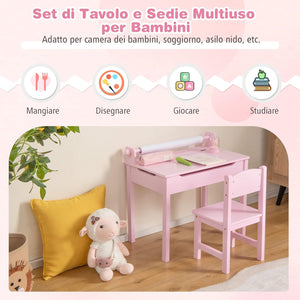 Set Tavolo e Sedia d’Arte per Bambini 3+ Anni, Scrivania in Legno di Pino da Disegno con Portarotolo, Piano Ribaltabile & Vano Portaoggetti, Rotolo di Carta (10m) e 2 Pennarelli (Rosa)