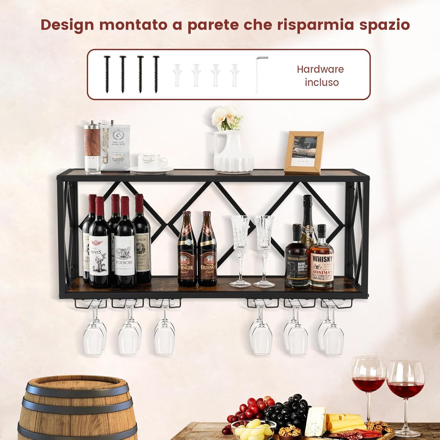 Portabottiglie da Parete, Scaffale per Esposizione di Vino con 6 File di Portabicchieri, Scaffale per Conservare 39 Bottiglie e 12 Bicchieri, Adatto per Cucina, Soggiorno, Sala da Pranzo