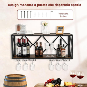 Portabottiglie da Parete, Scaffale per Esposizione di Vino con 6 File di Portabicchieri, Scaffale per Conservare 39 Bottiglie e 12 Bicchieri, Adatto per Cucina, Soggiorno, Sala da Pranzo