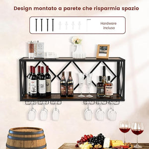 Portabottiglie da Parete, Scaffale per Esposizione di Vino con 6 File di Portabicchieri, Scaffale per Conservare 39 Bottiglie e 12 Bicchieri, Adatto per Cucina, Soggiorno, Sala da Pranzo