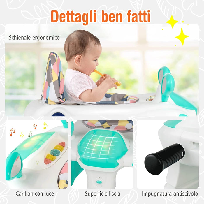 Girello per bambini 2 in 1, Girello con Altezza e Velocità Regolabili, Carillon con Luci e Cuscino Comodo, Primi Passi per Bambini 6-18 Mesi, Capacità di carico: 15 kg (Verde)