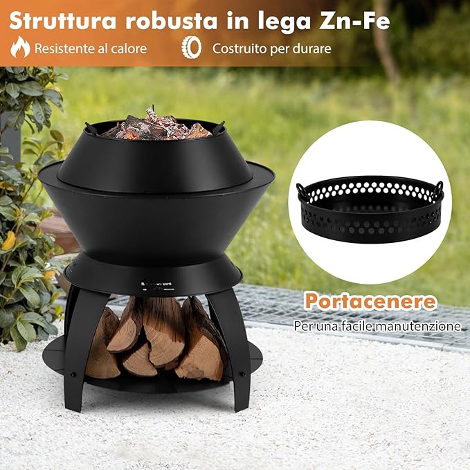 Braciere da Giardino, Braciere da Esterno con Gambe di Supporto Rimovibili e Manici, Diametro: 50 cm, per Patio, Campeggio, Barbecue, Braciere e Feste
