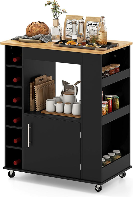 Carrello da Cucina con Ruote, Isola da Cucina con Scomparti Portabottiglie a 6 Scomparti, Portaspezie e Portasciugamani, 76x44x89 cm (Nero)