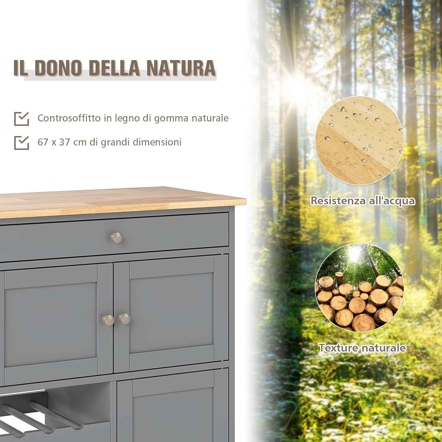 Carrello da Cucina, con Portabottiglie Tre Ante e Ruote, Credenza Cucina in Legno di Pino e MDF, Ideale per Soggiorno e Cucina, 67 x 37 x 86 cm（Grigio）