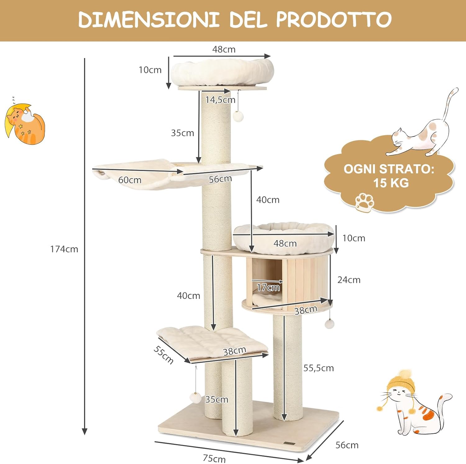 Albero per Gatti in Legno Massiccio da 174 CM, Torre per Gatti a 4 Livelli con Pali Sisal, Nicchia per Gatti, Trespoli, Amaca, Palline, Albero Tiragraffi per Gattini e Gatti Adulti