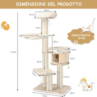 Albero per Gatti in Legno Massiccio da 174 CM, Torre per Gatti a 4 Livelli con Pali Sisal, Nicchia per Gatti, Trespoli, Amaca, Palline, Albero Tiragraffi per Gattini e Gatti Adulti