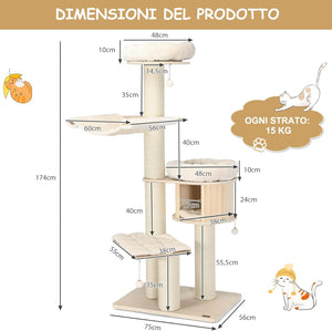 Albero per Gatti in Legno Massiccio da 174 CM, Torre per Gatti a 4 Livelli con Pali Sisal, Nicchia per Gatti, Trespoli, Amaca, Palline, Albero Tiragraffi per Gattini e Gatti Adulti