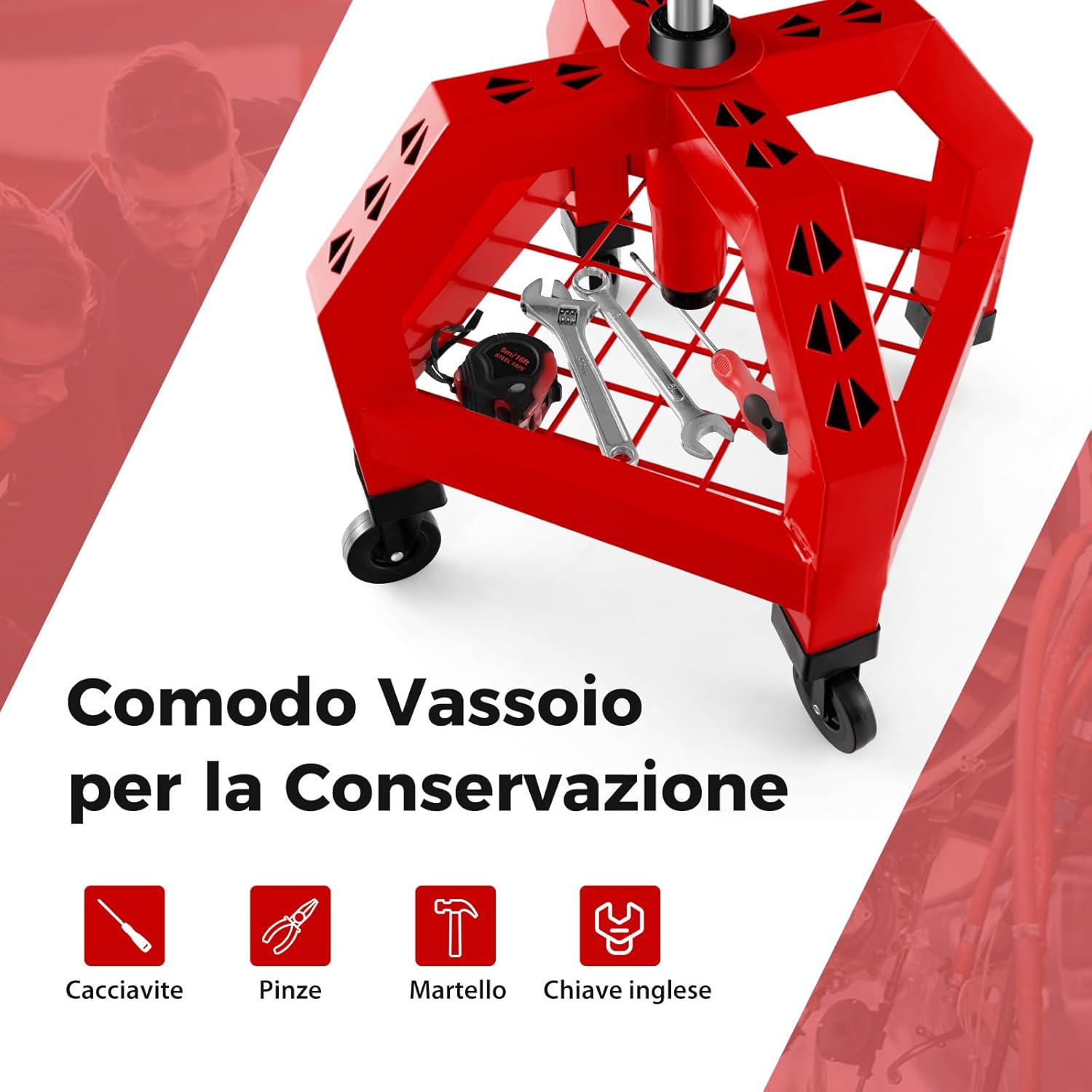 Sgabello da Officina, Sgabello Meccanico Rotante con Vassoio Porta Attrezzi, Regolabile in Altezza e 4 Ruote Universali, capacità di 150 kg, per Garage, Officina (Rosso)