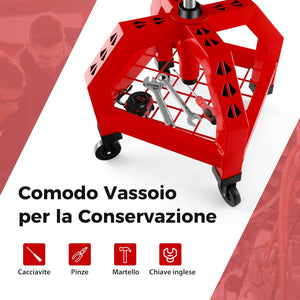 Sgabello da Officina, Sgabello Meccanico Rotante con Vassoio Porta Attrezzi, Regolabile in Altezza e 4 Ruote Universali, capacità di 150 kg, per Garage, Officina (Rosso)
