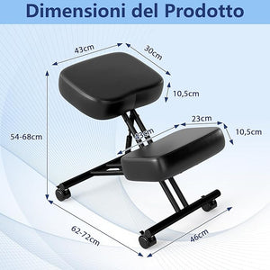 Sedia Ergonomica Inginocchiata con Ruote Universali Bloccabili, Sedia da Ginocchio Regolabile Posturale Struttura in Metallo, Sgabello Ergonomica per Casa e Ufficio, Nero