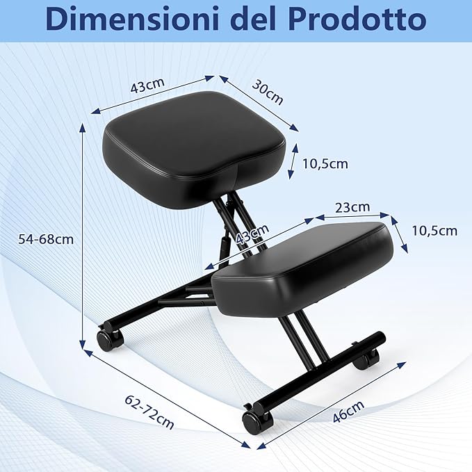 Sedia Ergonomica Inginocchiata con Ruote Universali Bloccabili, Sedia da Ginocchio Regolabile Posturale Struttura in Metallo, Sgabello Ergonomica per Casa e Ufficio, Nero