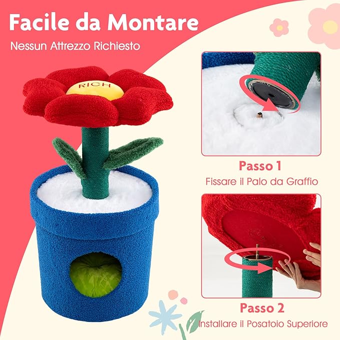 Albero per Gatti con Posatoio a Forma di Fiore, Condominio a Forma di Vaso, Tiragraffi a Forma di Stelo, Foglie Flessibili, Centro di Attività Versatile per Animali Domestici (Rosso)