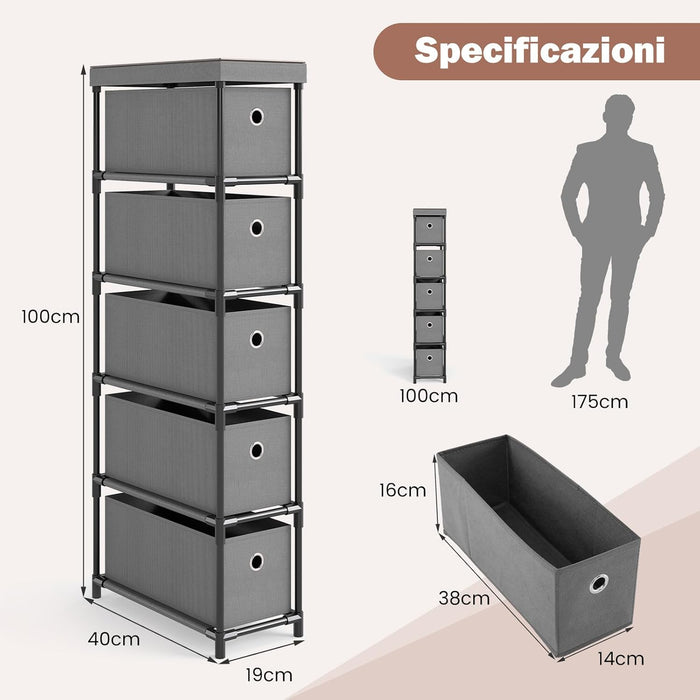 Comò con 5 Cassetti, Cassettiera Stretta in Tessuto con Struttura in Metallo e Legno, Torre Portaoggetti Salvaspazio, per Soggiorno, Camera da Letto e Corridoio (40 x 19 x 100 cm,Grigio)