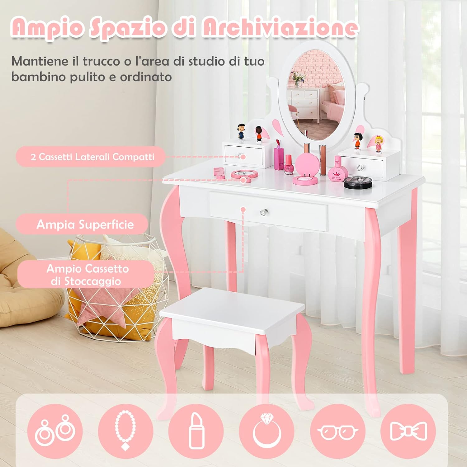 Toeletta Trucco 2 in 1 per Bambina, Specchiera Staccabile per Ragazza in Legno con Sgabello, Portapenni, Cassetto e Specchio Girevole a 360°, Postazione Trucco, 70 x 34 x 105cm (Bianco)